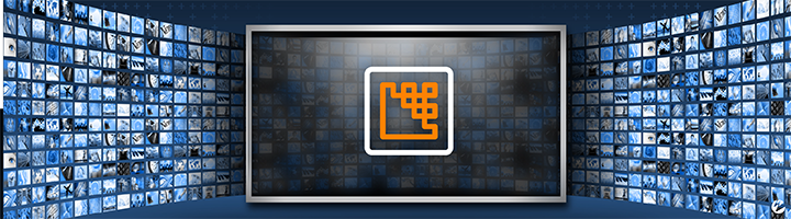 A large-screen monitor with an icon representing the process of video encoding applying a codec algorithm to compress content.