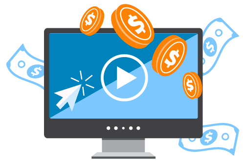 An icon of a monitor with a play button and money being generated.