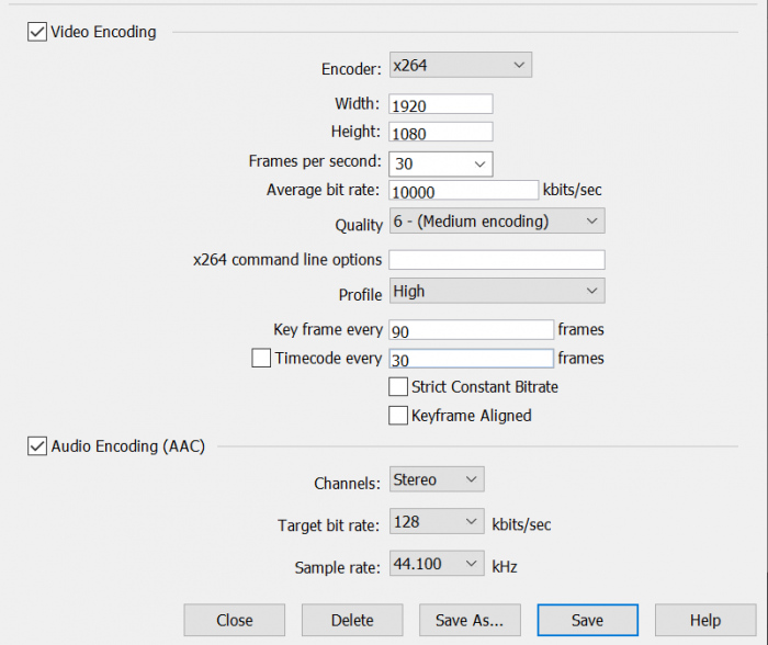 Figure 3. An encoding preset from Wirecast.